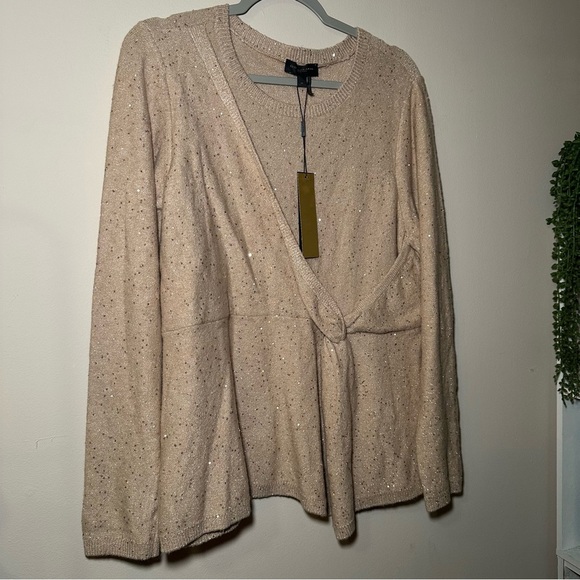 Donna Karan Beige Sequin Knit Side Knot Sweater Top Size XL - Picture 4 of 16